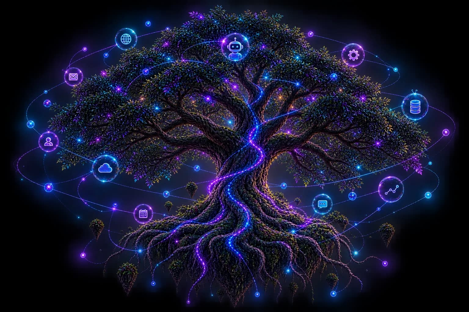 Árbol completo conectado mediante nodos y flujos digitales
